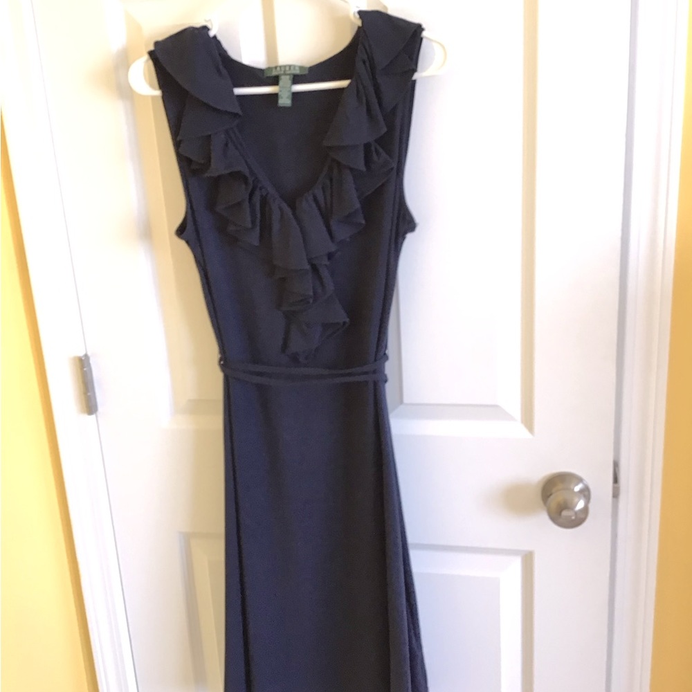 Ralph Lauren navy sleeveless dress with ruffled front
